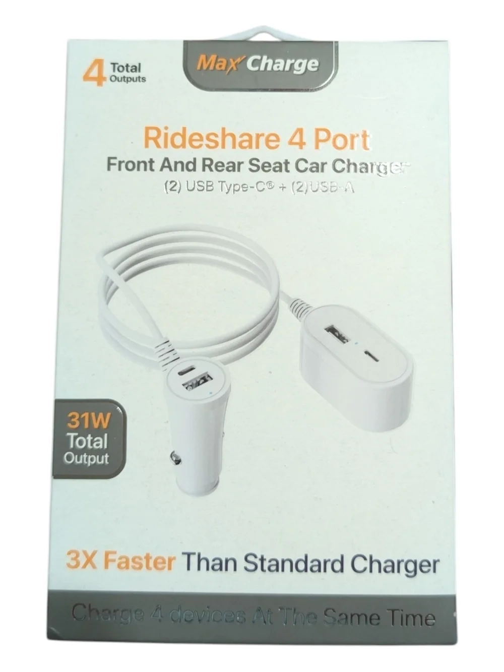 White Rideshare 4-Port Car Charger - 31W, USB-A & Type-C